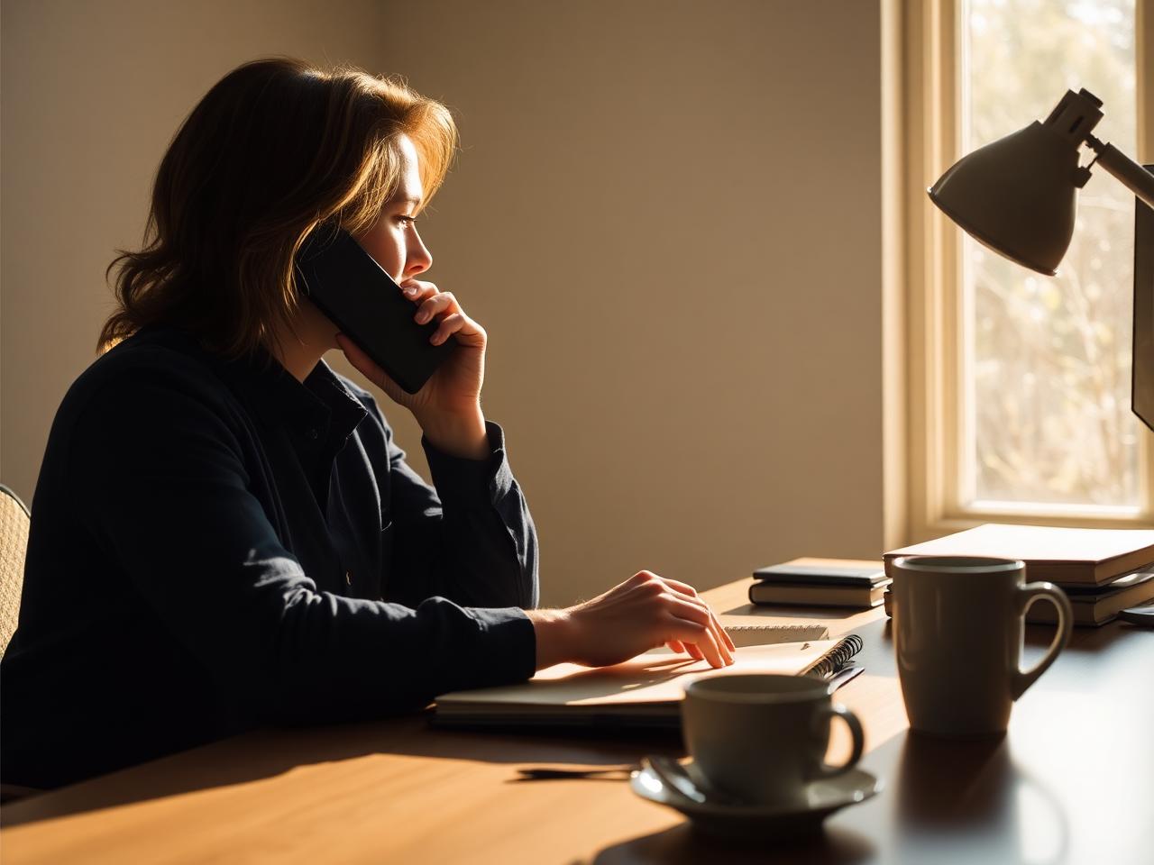 Someone capturing a spoken thought at a sunlit desk